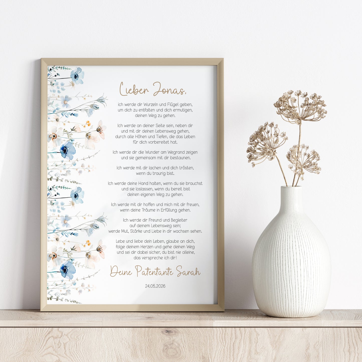 Patenbrief Taufe Patenkind blaue Wildblumen Taufgeschenk personalisiert Taufbrief