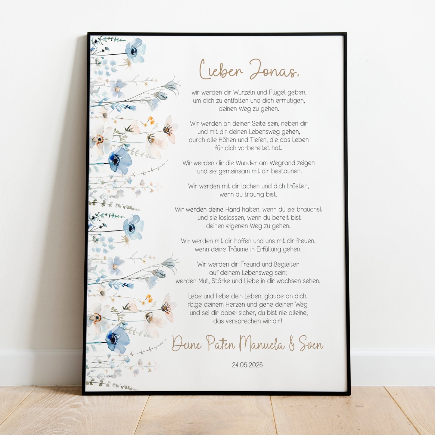 Patenbrief Taufe Patenkind blaue Wildblumen Taufgeschenk personalisiert Taufbrief