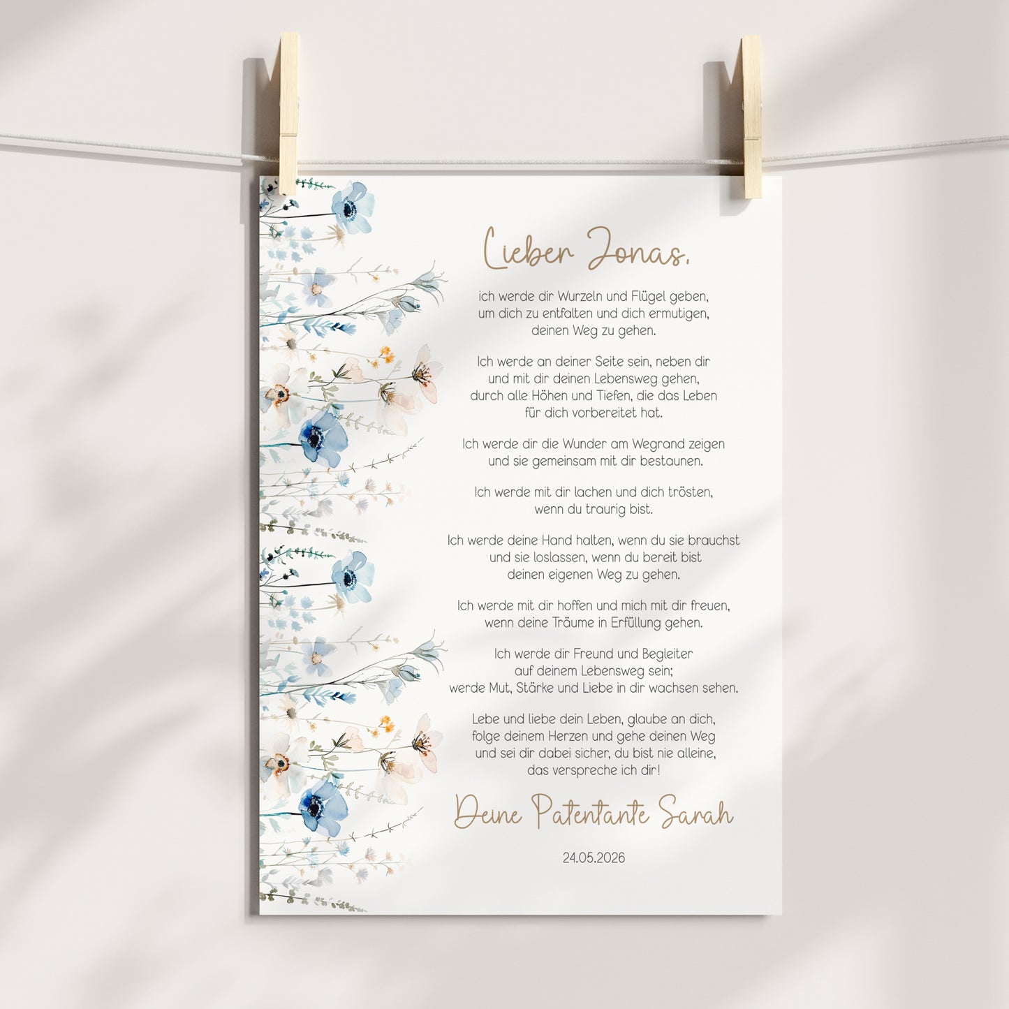 Patenbrief Taufe Patenkind blaue Wildblumen Taufgeschenk personalisiert Taufbrief