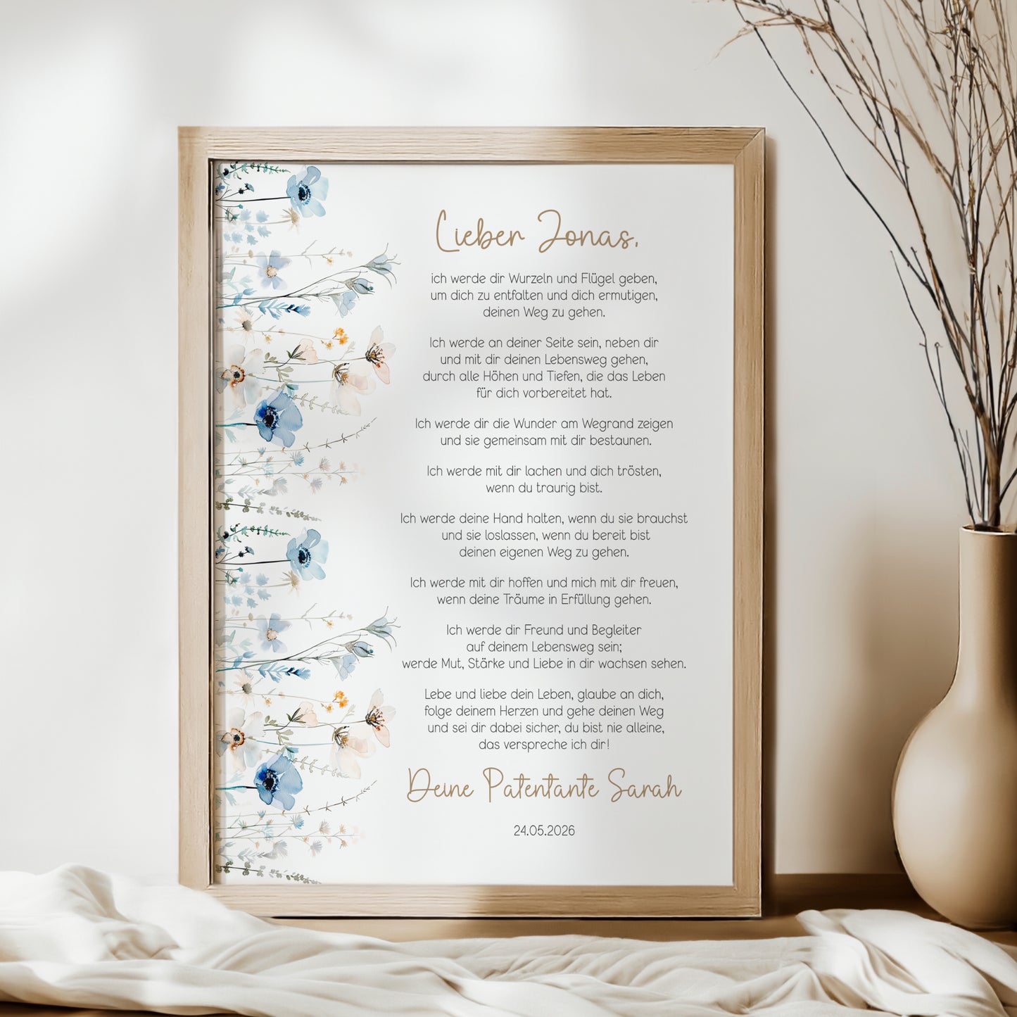 Patenbrief Taufe Patenkind blaue Wildblumen Taufgeschenk personalisiert Taufbrief