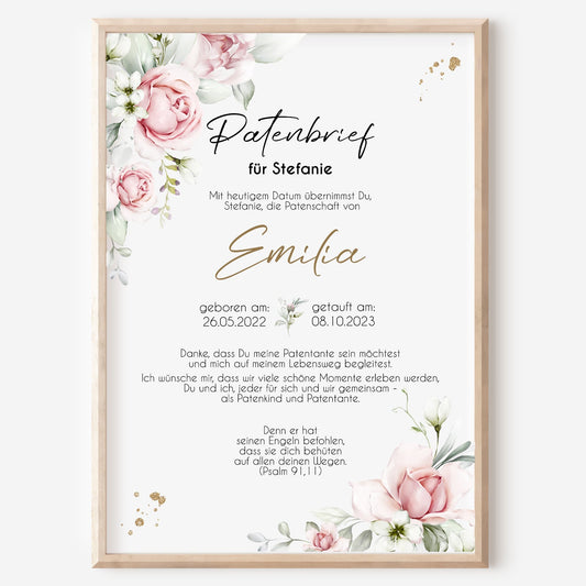Patenbrief für Patentante Patenonkel personalisiert Taufe Rosen