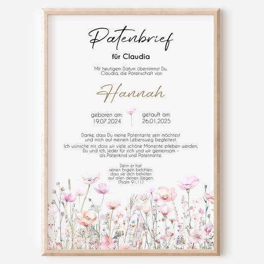 Patenbrief für Patentante Patenonkel Geschenk zur Taufe Poster personalisiert Wildblumen Taufgeschenk Taufbrief Jungen Mädchen