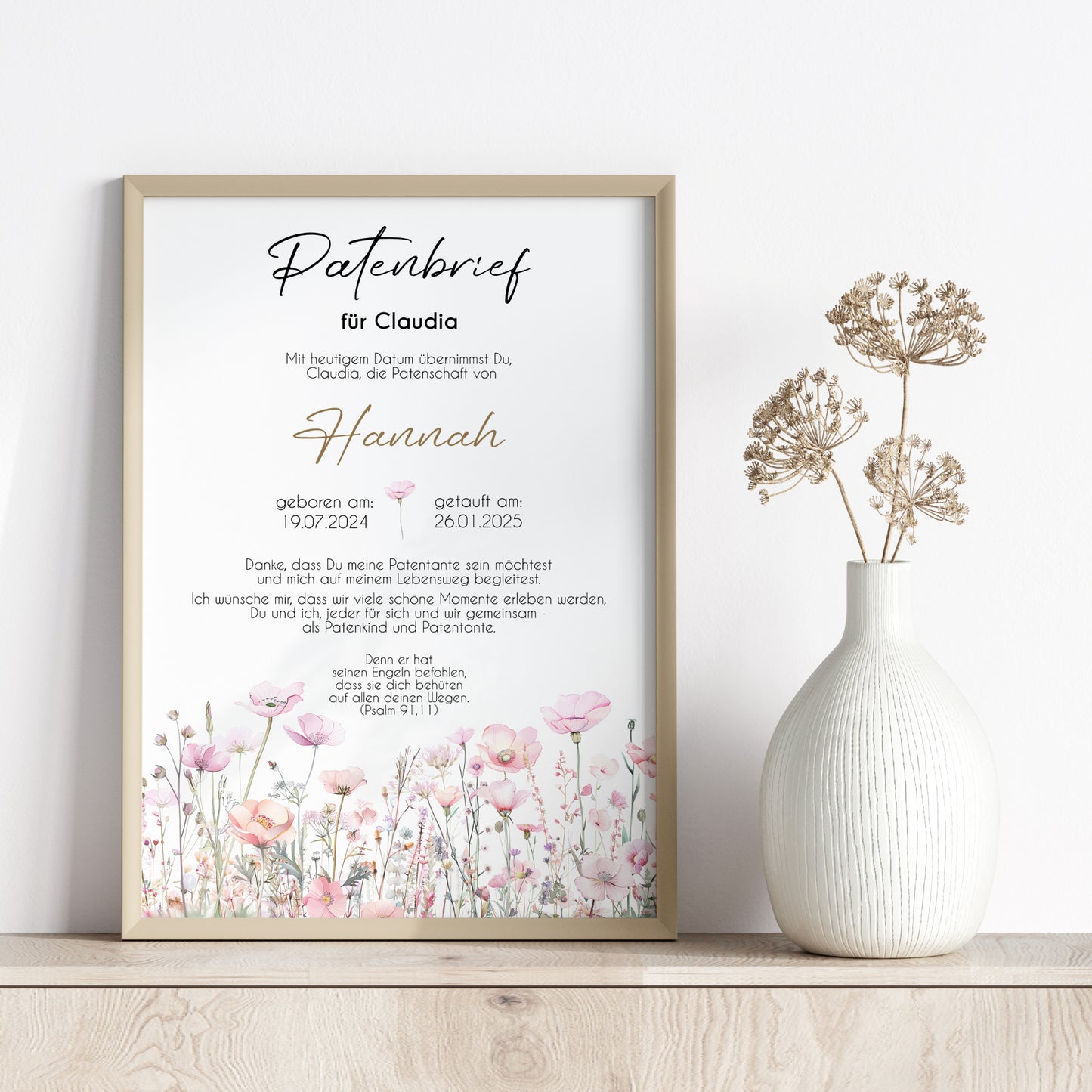 Patenbrief für Patentante Patenonkel Geschenk zur Taufe Poster personalisiert Wildblumen Taufgeschenk Taufbrief Jungen Mädchen