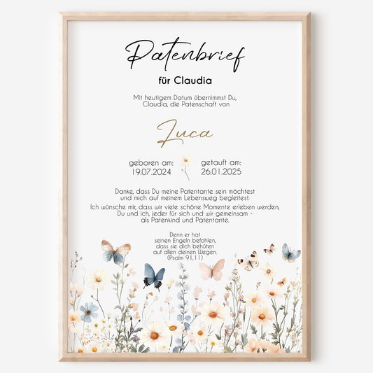 Patenbrief für Patentante Patenonkel Geschenk zur Taufe Poster personalisiert Wildblumen Taufgeschenk Taufbrief