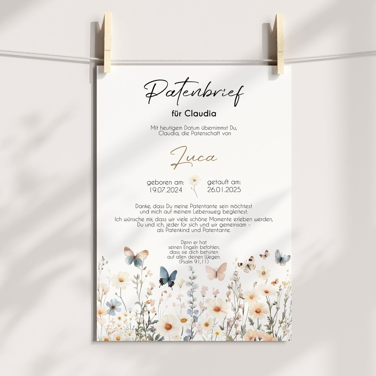Patenbrief für Patentante Patenonkel Geschenk zur Taufe Poster personalisiert Wildblumen Taufgeschenk Taufbrief