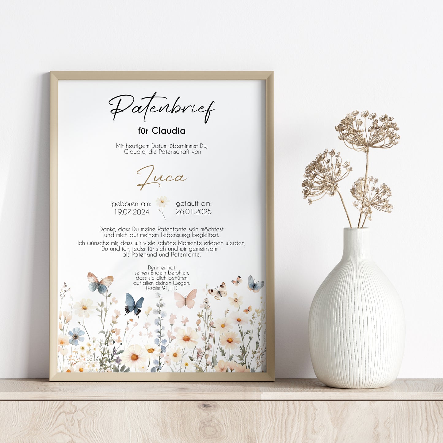 Patenbrief für Patentante Patenonkel Geschenk zur Taufe Poster personalisiert Wildblumen Taufgeschenk Taufbrief
