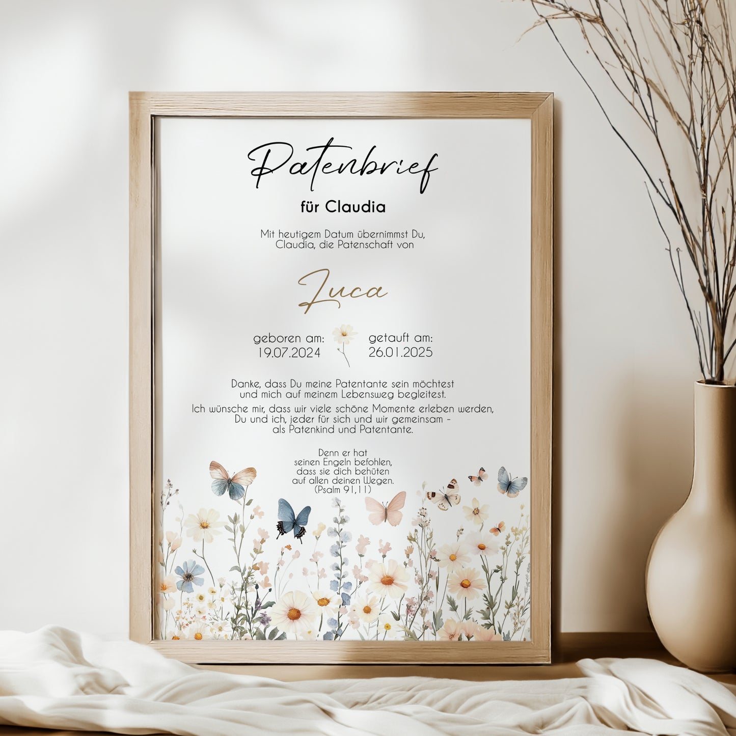 Patenbrief für Patentante Patenonkel Geschenk zur Taufe Poster personalisiert Wildblumen Taufgeschenk Taufbrief