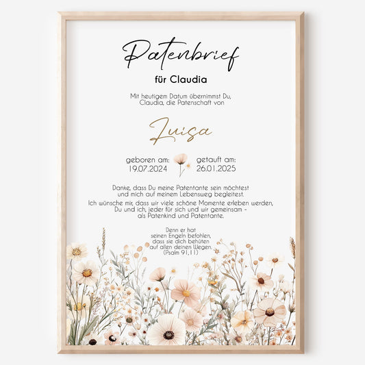 Patenbrief für Patentante Patenonkel Geschenk zur Taufe Boho Poster personalisiert Wildblumen Taufgeschenk Taufbrief