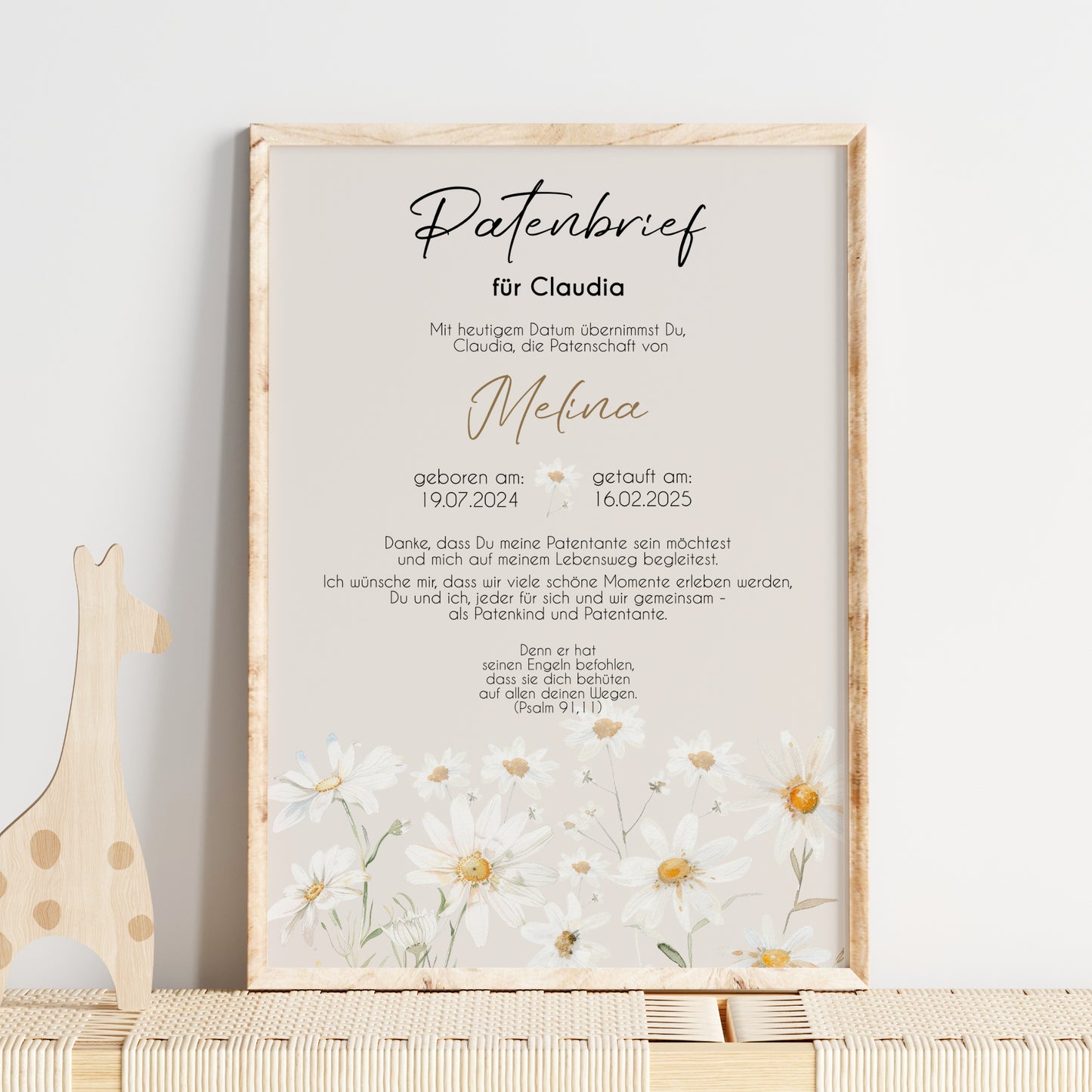 Patenbrief für Patentante Patenonkel Geschenk zur Taufe Poster personalisiert Gänseblümchen Taufgeschenk Taufbrief