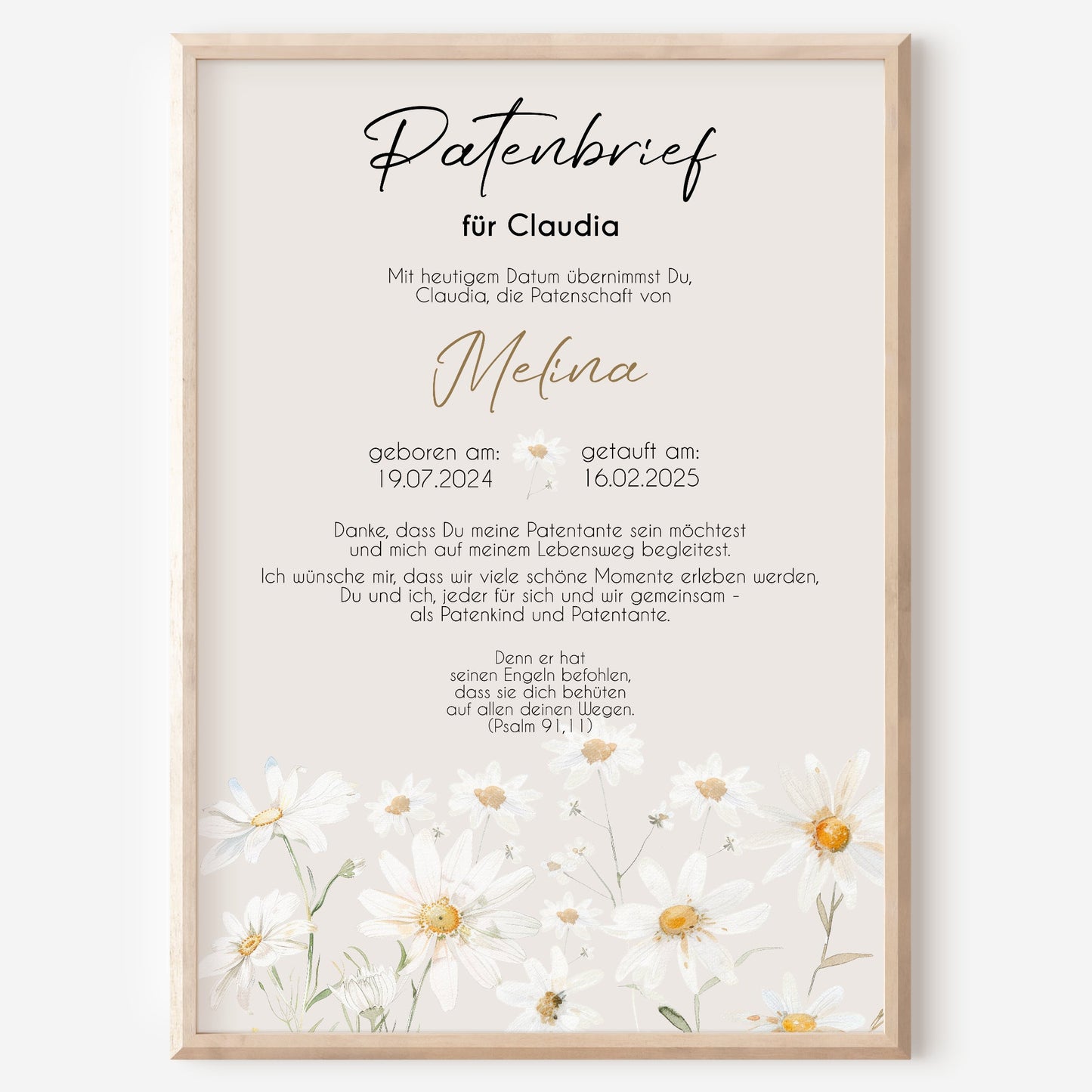 Patenbrief für Patentante Patenonkel Geschenk zur Taufe Poster personalisiert Gänseblümchen Taufgeschenk Taufbrief