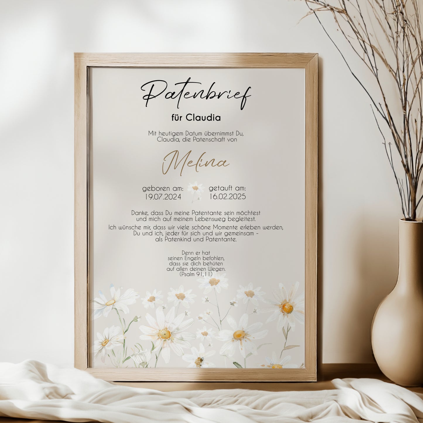 Patenbrief für Patentante Patenonkel Geschenk zur Taufe Poster personalisiert Gänseblümchen Taufgeschenk Taufbrief
