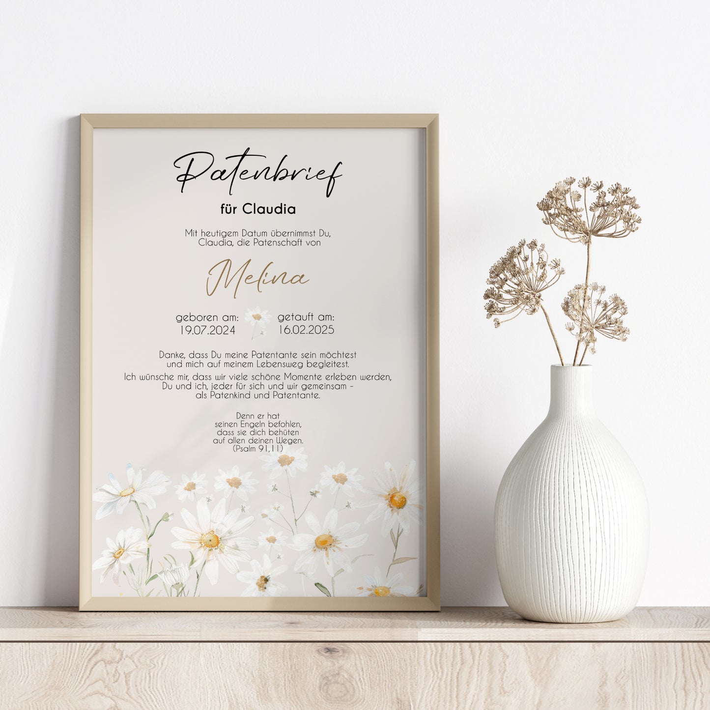 Patenbrief für Patentante Patenonkel Geschenk zur Taufe Poster personalisiert Gänseblümchen Taufgeschenk Taufbrief