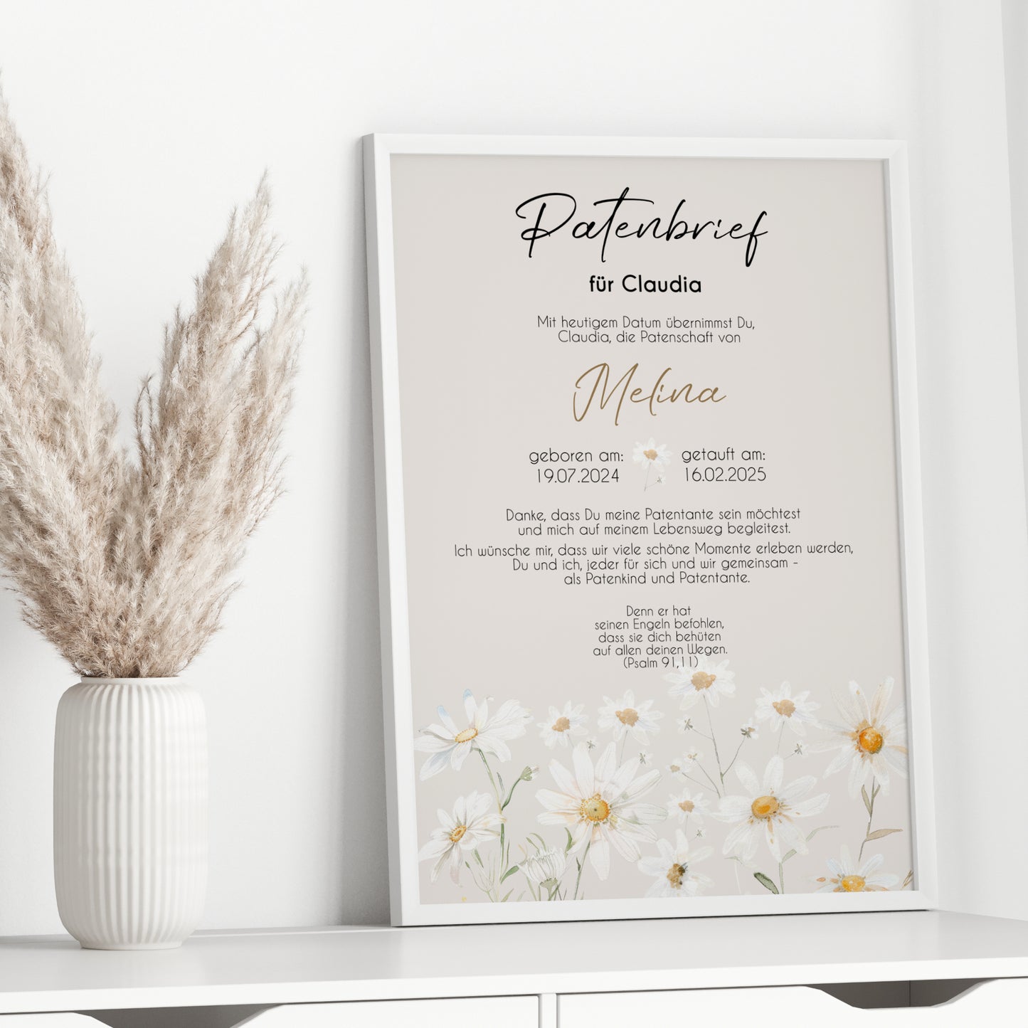 Patenbrief für Patentante Patenonkel Geschenk zur Taufe Poster personalisiert Gänseblümchen Taufgeschenk Taufbrief