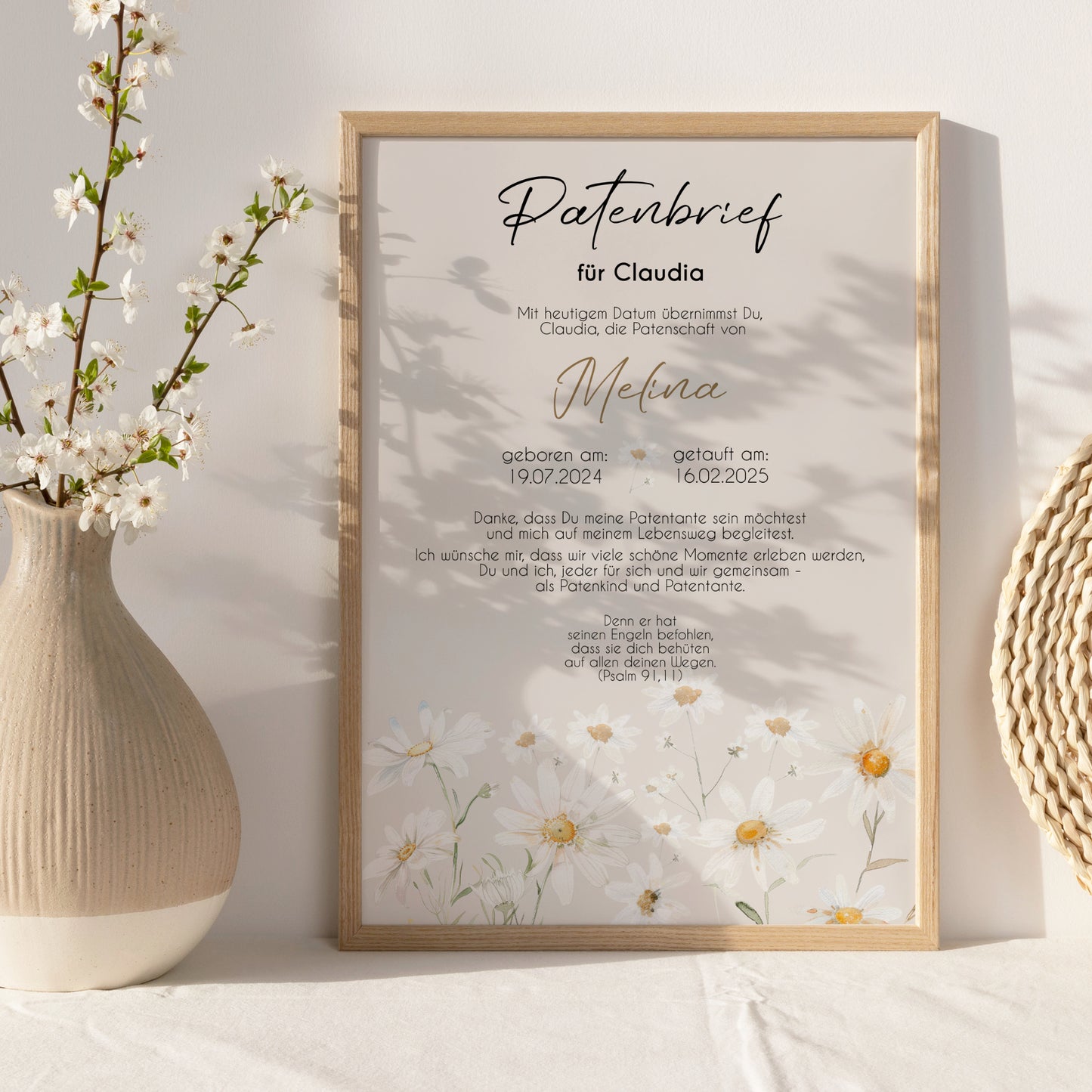 Patenbrief für Patentante Patenonkel Geschenk zur Taufe Poster personalisiert Gänseblümchen Taufgeschenk Taufbrief