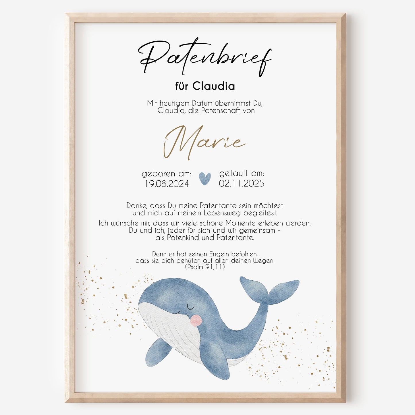 Patenbrief für Patentante Patenonkel Geschenk zur Taufe Poster personalisiert Wal Taufgeschenk Taufbrief