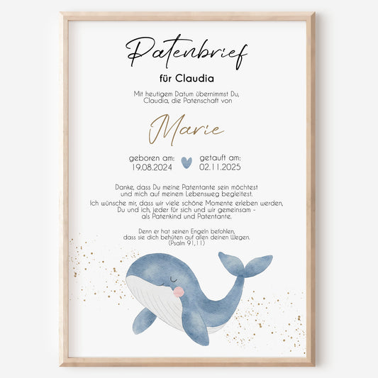 Patenbrief für Patentante Patenonkel Geschenk zur Taufe Poster personalisiert Wal Taufgeschenk Taufbrief