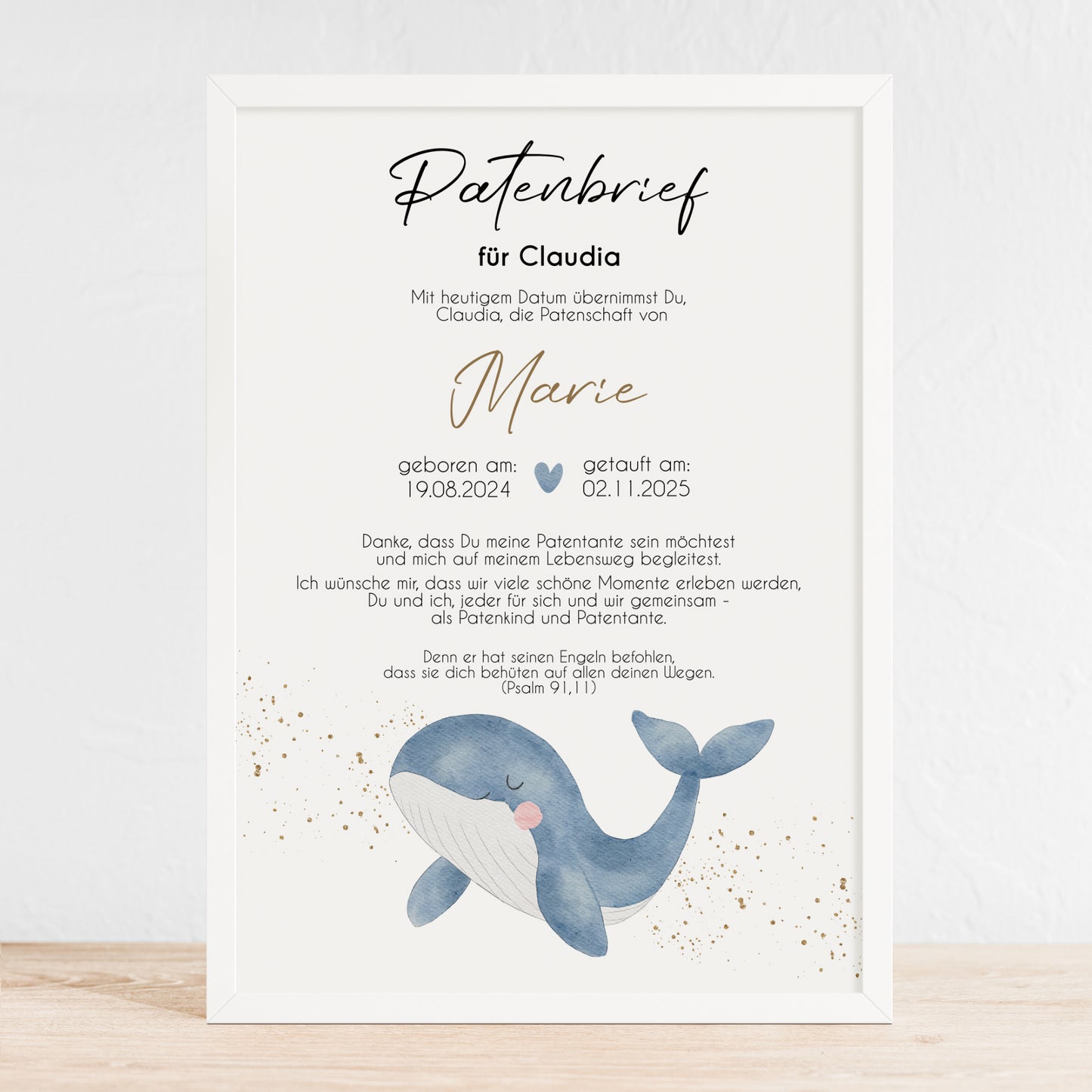 Patenbrief für Patentante Patenonkel Geschenk zur Taufe Poster personalisiert Wal Taufgeschenk Taufbrief