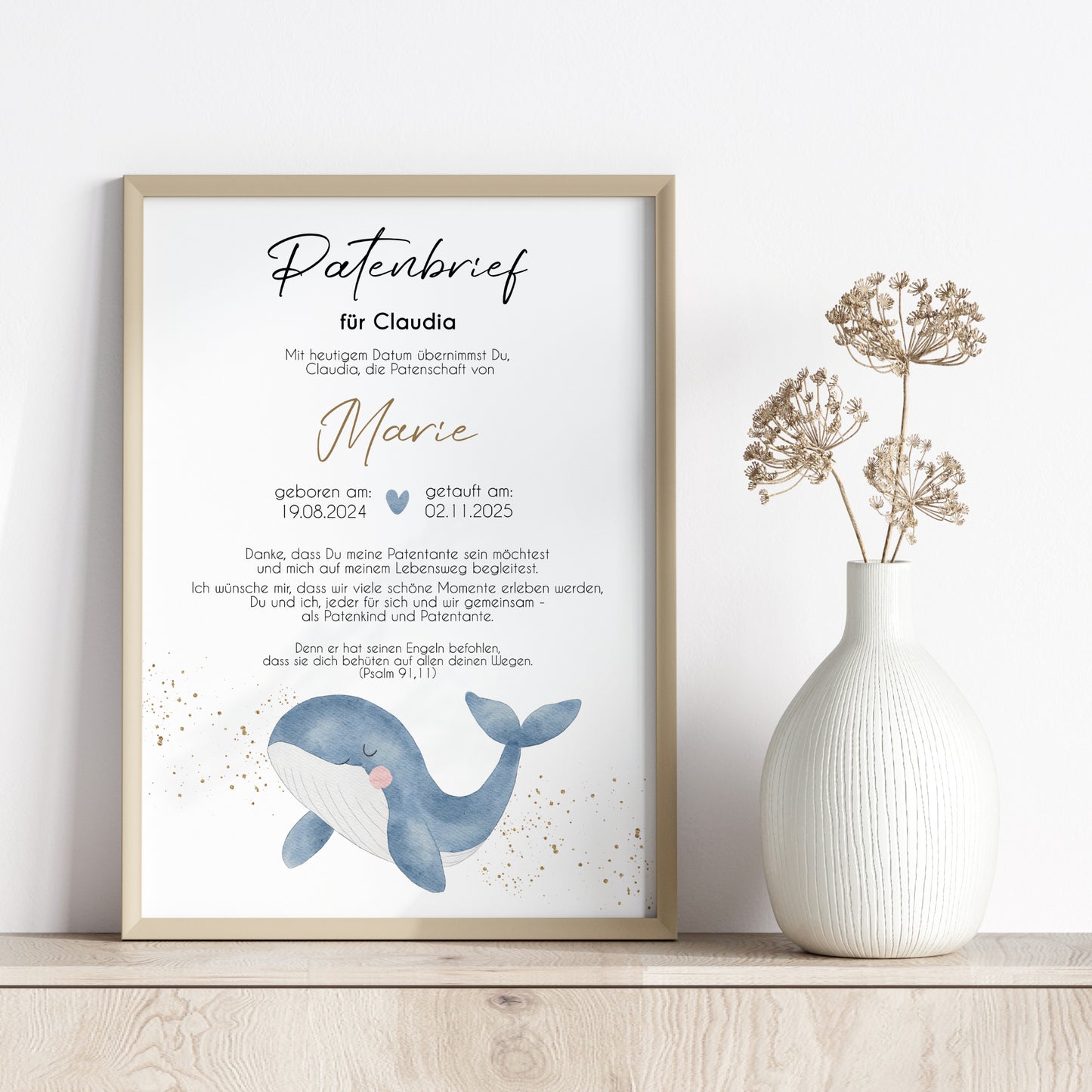 Patenbrief für Patentante Patenonkel Geschenk zur Taufe Poster personalisiert Wal Taufgeschenk Taufbrief