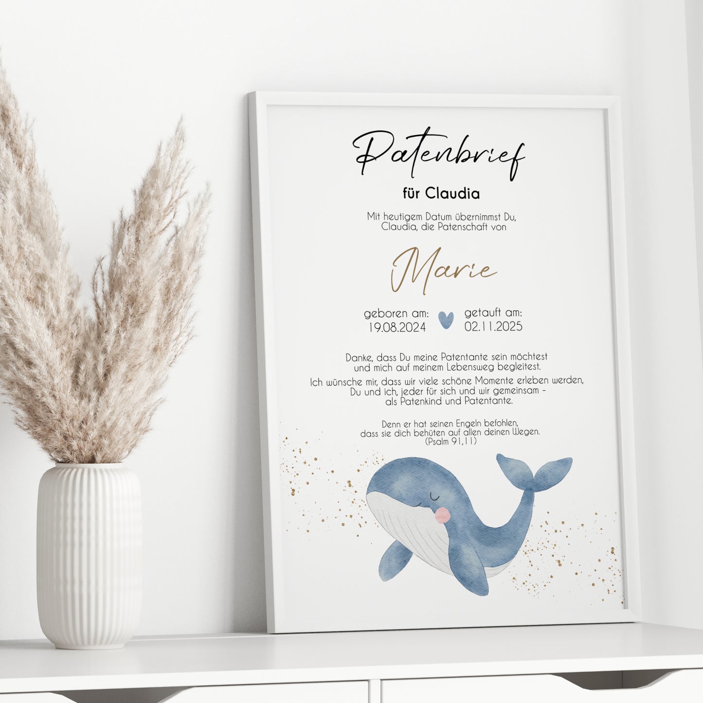 Patenbrief für Patentante Patenonkel Geschenk zur Taufe Poster personalisiert Wal Taufgeschenk Taufbrief