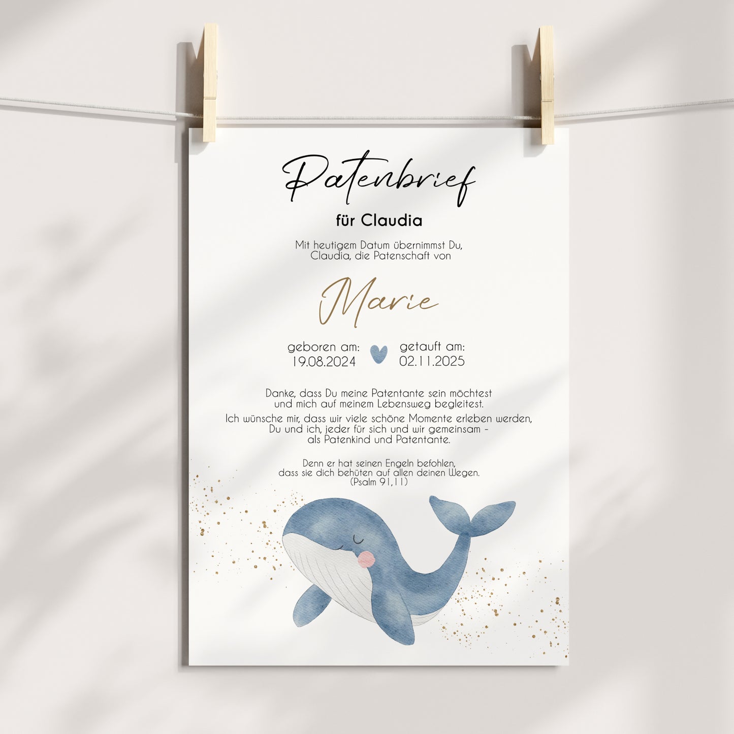 Patenbrief für Patentante Patenonkel Geschenk zur Taufe Poster personalisiert Wal Taufgeschenk Taufbrief