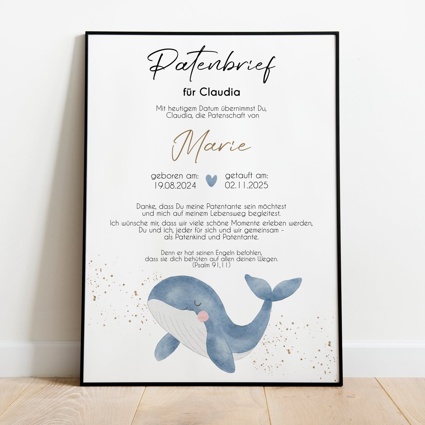 Patenbrief für Patentante Patenonkel Geschenk zur Taufe Poster personalisiert Wal Taufgeschenk Taufbrief