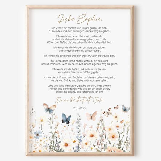 Patenbrief Taufe Patenkind Boho Wildblumen Taufgeschenk Poster oder PDF personalisiert Taufbrief Mädchen Junge