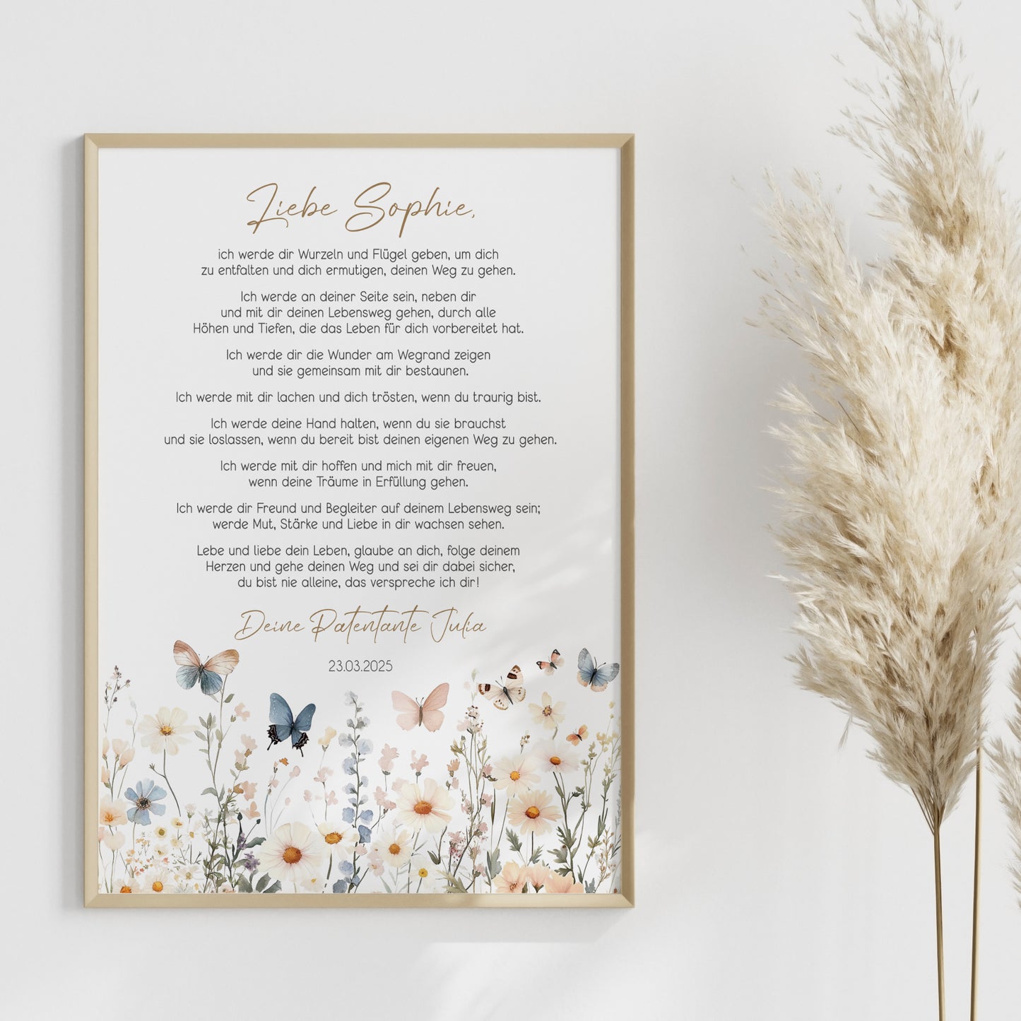 Patenbrief Taufe Patenkind Boho Wildblumen Taufgeschenk Poster oder PDF personalisiert Taufbrief Mädchen Junge