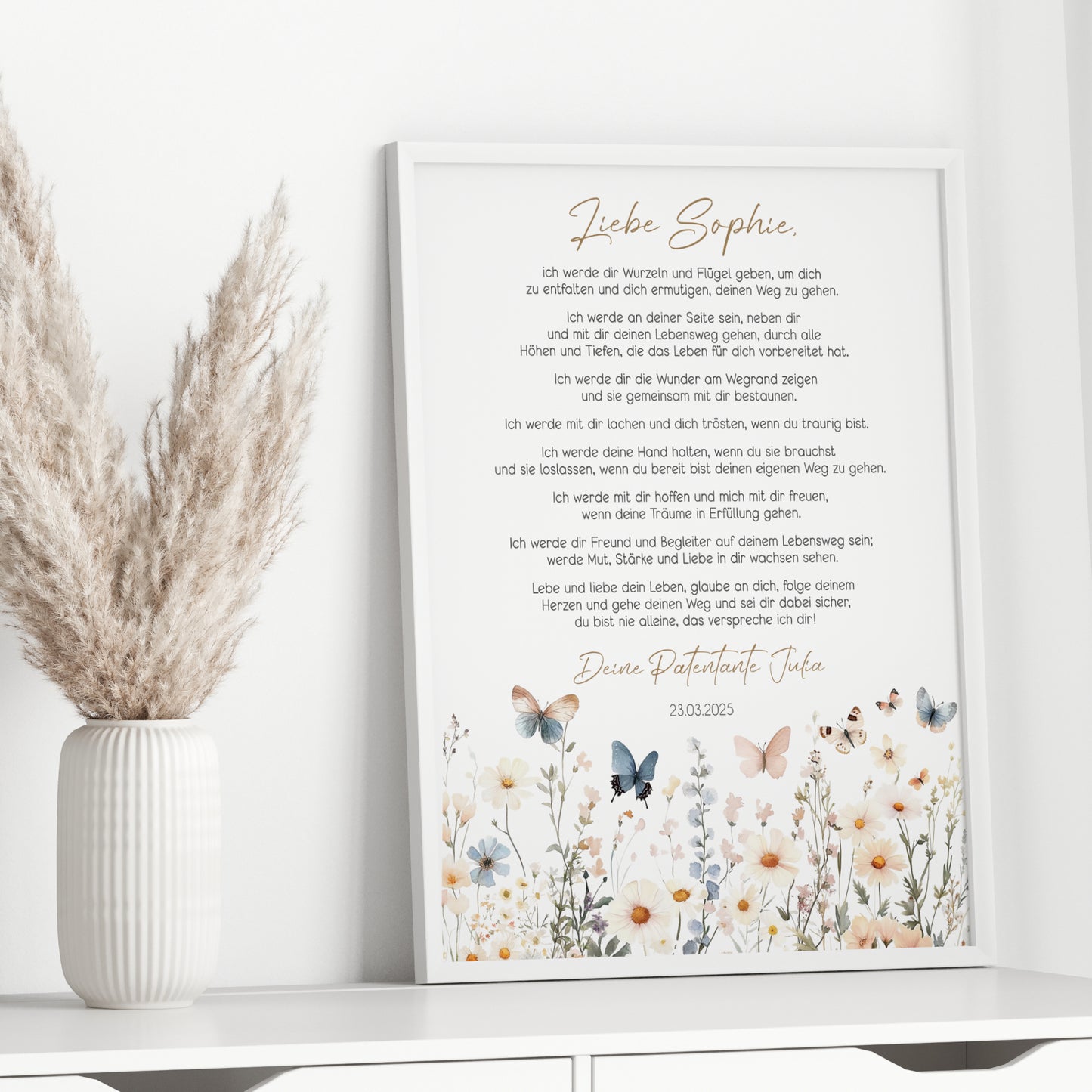 Patenbrief Taufe Patenkind Boho Wildblumen Taufgeschenk Poster oder PDF personalisiert Taufbrief Mädchen Junge