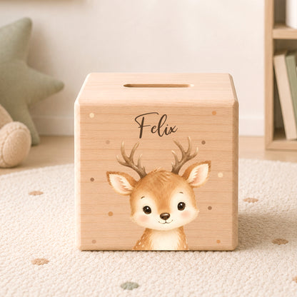 Holzspardose für Kinder personalisiert mit Namen mit Auswahl an Waldtiere Motiven
