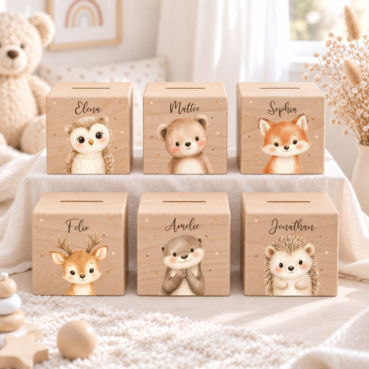 Holzspardose für Kinder personalisiert mit Namen mit Auswahl an Waldtiere Motiven