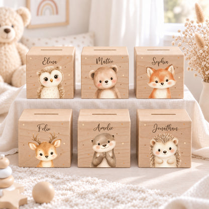 Holzspardose für Kinder personalisiert mit Namen mit Auswahl an Waldtiere Motiven