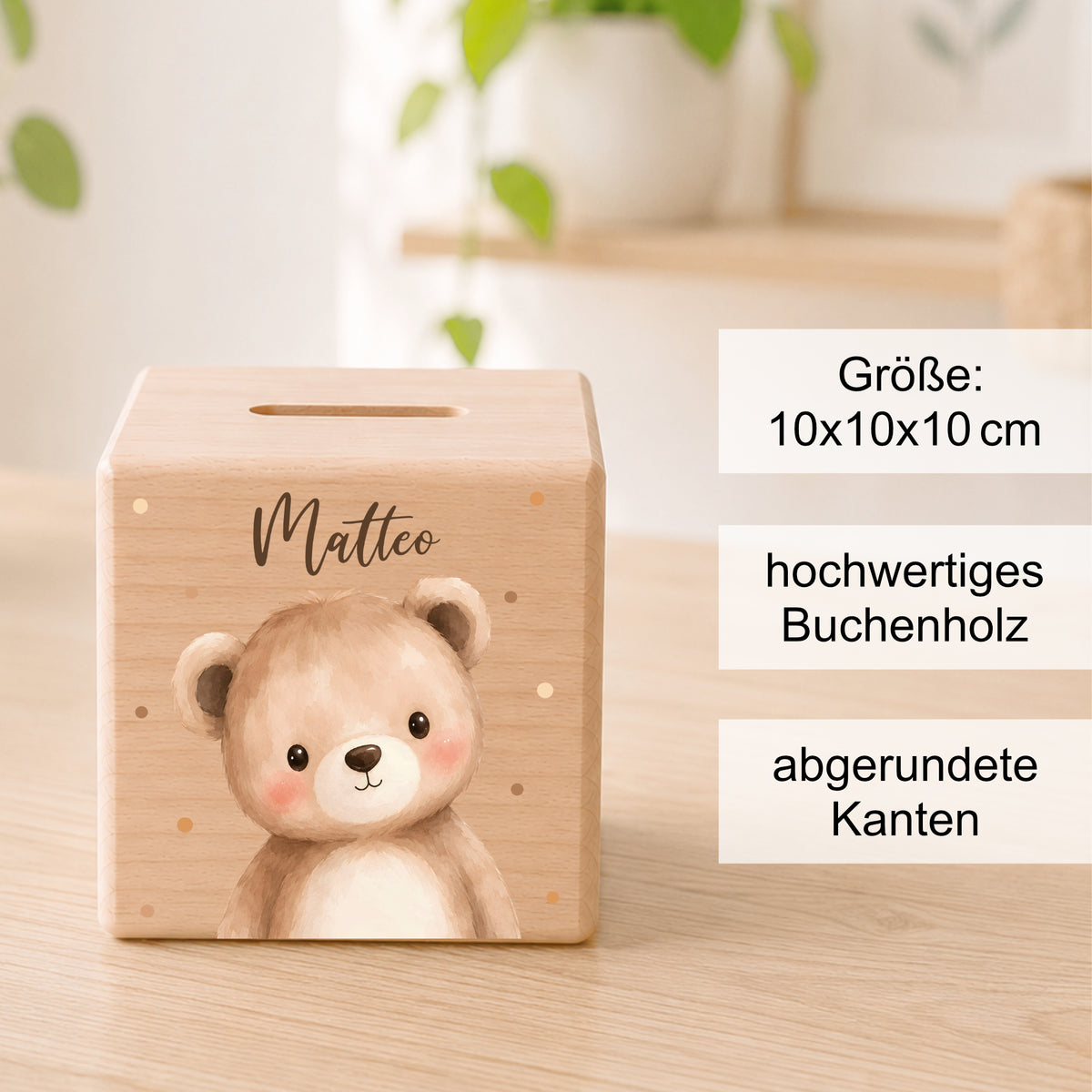 Holzspardose für Kinder personalisiert mit Namen mit Auswahl an Waldtiere Motiven