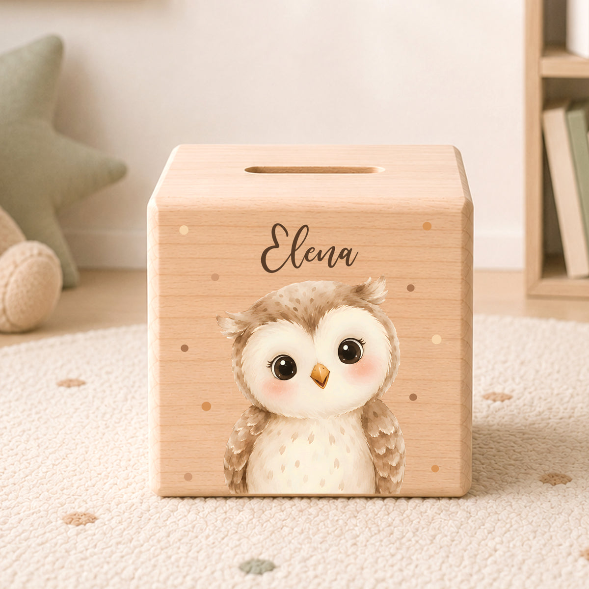Holzspardose für Kinder personalisiert mit Namen mit Auswahl an Waldtiere Motiven