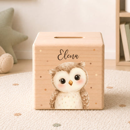 Holzspardose für Kinder personalisiert mit Namen mit Auswahl an Waldtiere Motiven