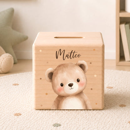 Holzspardose für Kinder personalisiert mit Namen mit Auswahl an Waldtiere Motiven