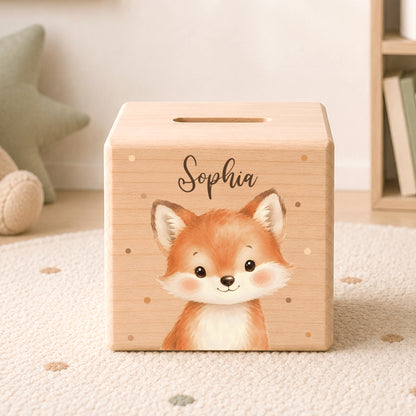 Holzspardose für Kinder personalisiert mit Namen mit Auswahl an Waldtiere Motiven