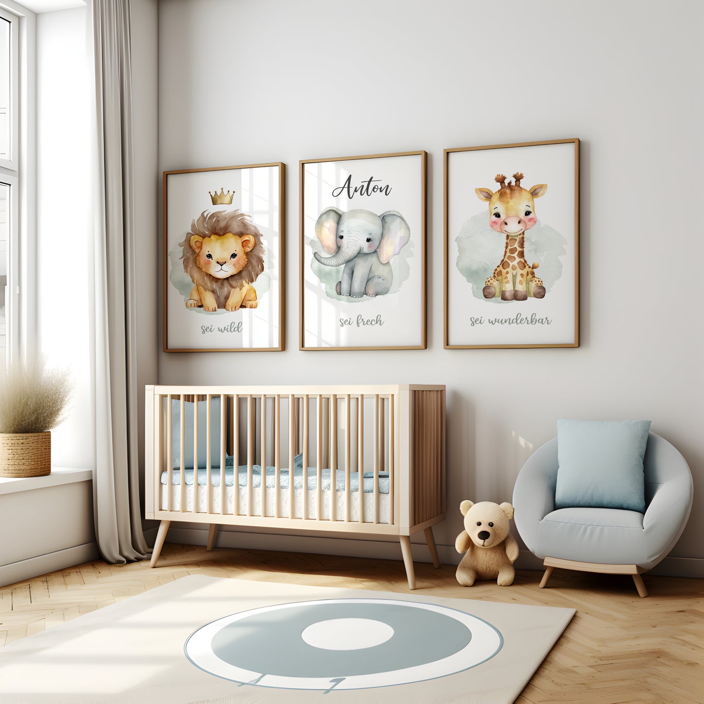 Geburtsposter 3er Set Motivation personalisiert Kinderzimmer Löwe Elefant Giraffe Safari