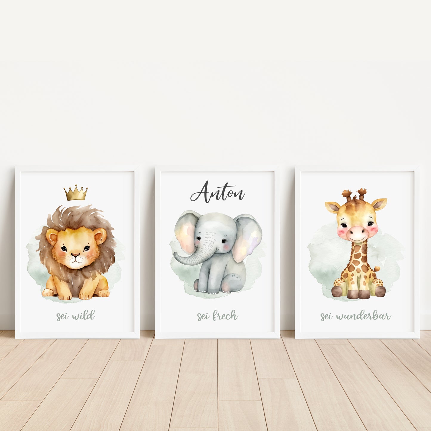 Geburtsposter 3er Set Motivation personalisiert Kinderzimmer Löwe Elefant Giraffe Safari