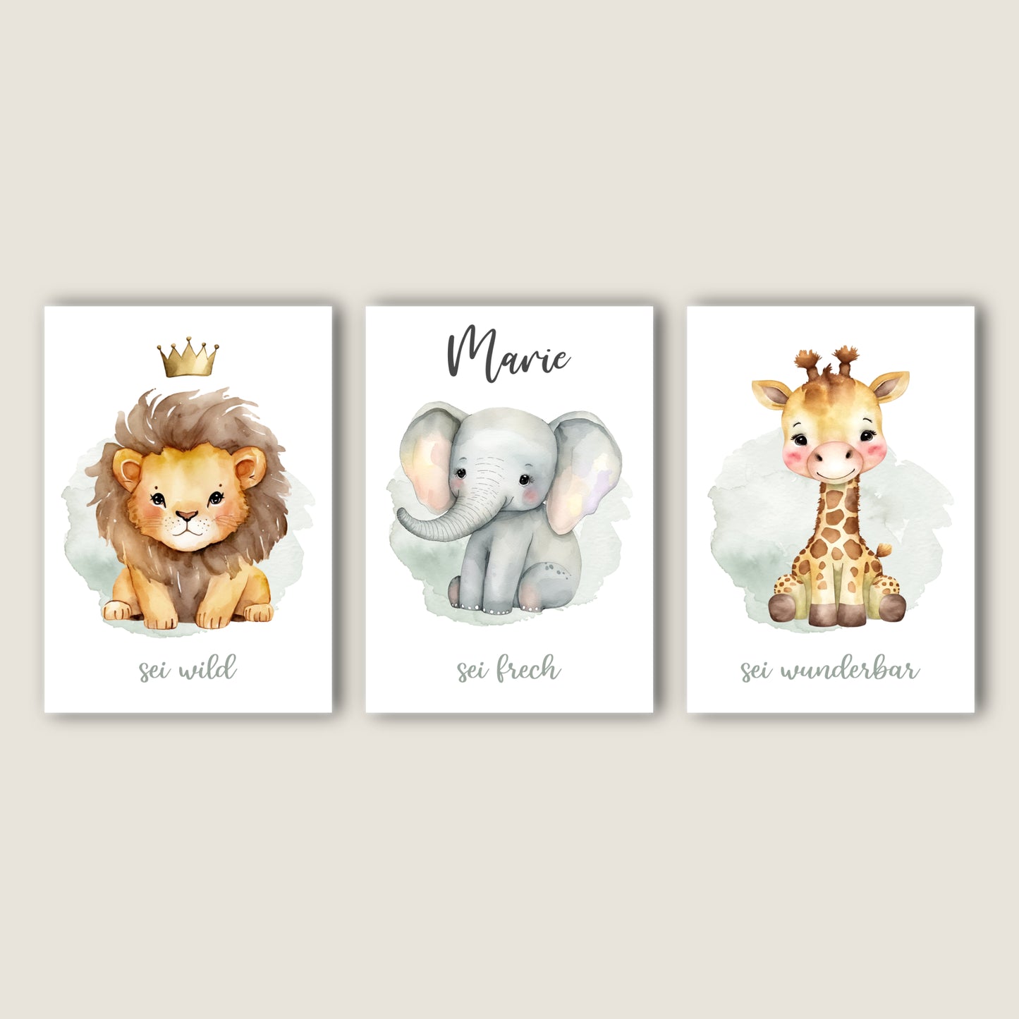 Geburtsposter 3er Set Motivation personalisiert Kinderzimmer Löwe Elefant Giraffe Safari