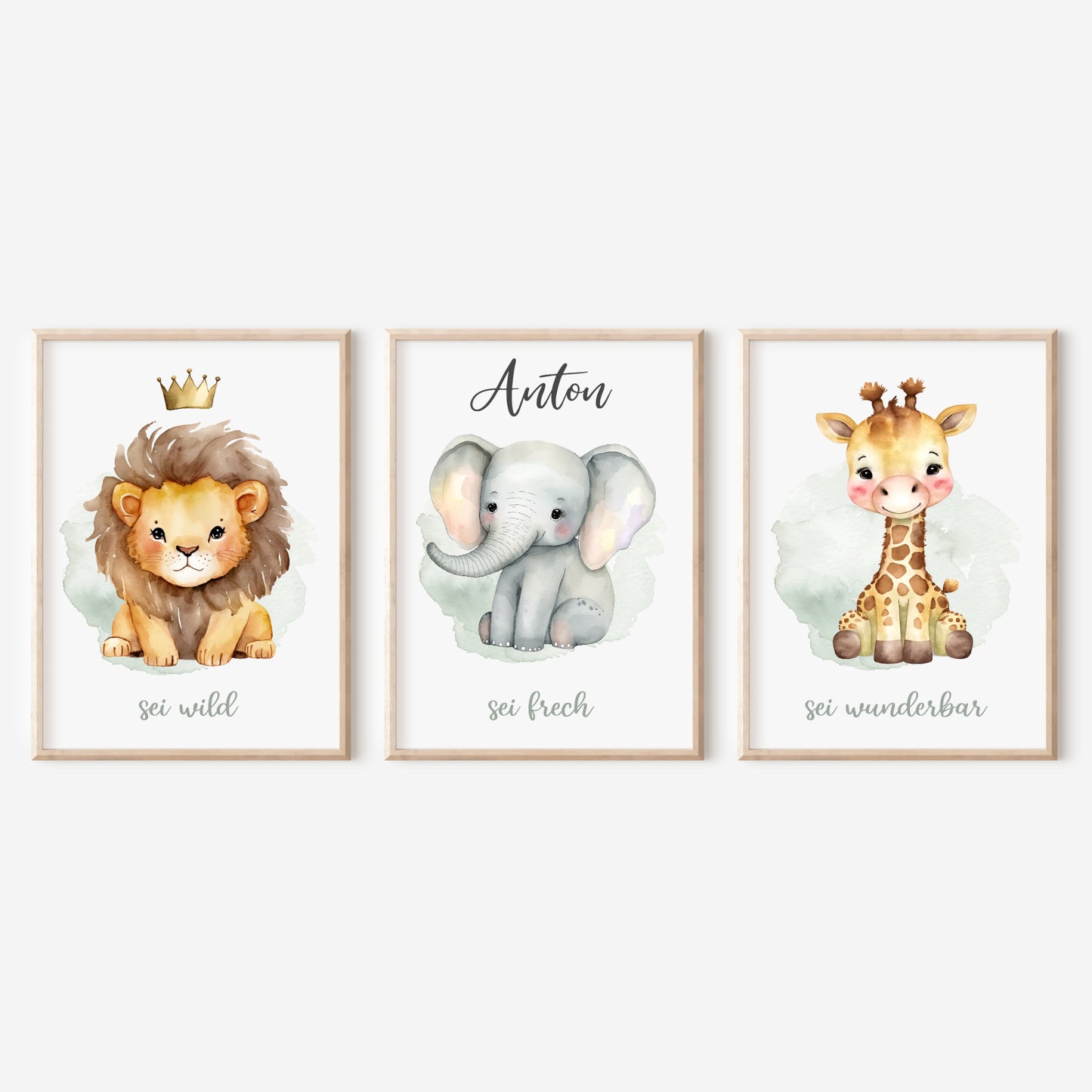 Geburtsposter 3er Set Motivation personalisiert Kinderzimmer Löwe Elefant Giraffe Safari