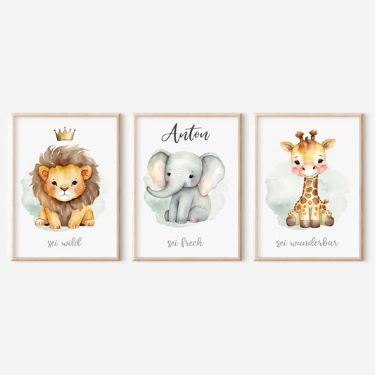 Geburtsposter 3er Set Motivation personalisiert Kinderzimmer Löwe Elefant Giraffe Safari