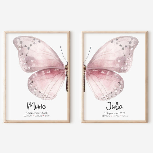 Geburtsposter Zwillinge Geschwister Geburtsdaten Schmetterling Mädchen personalisiert