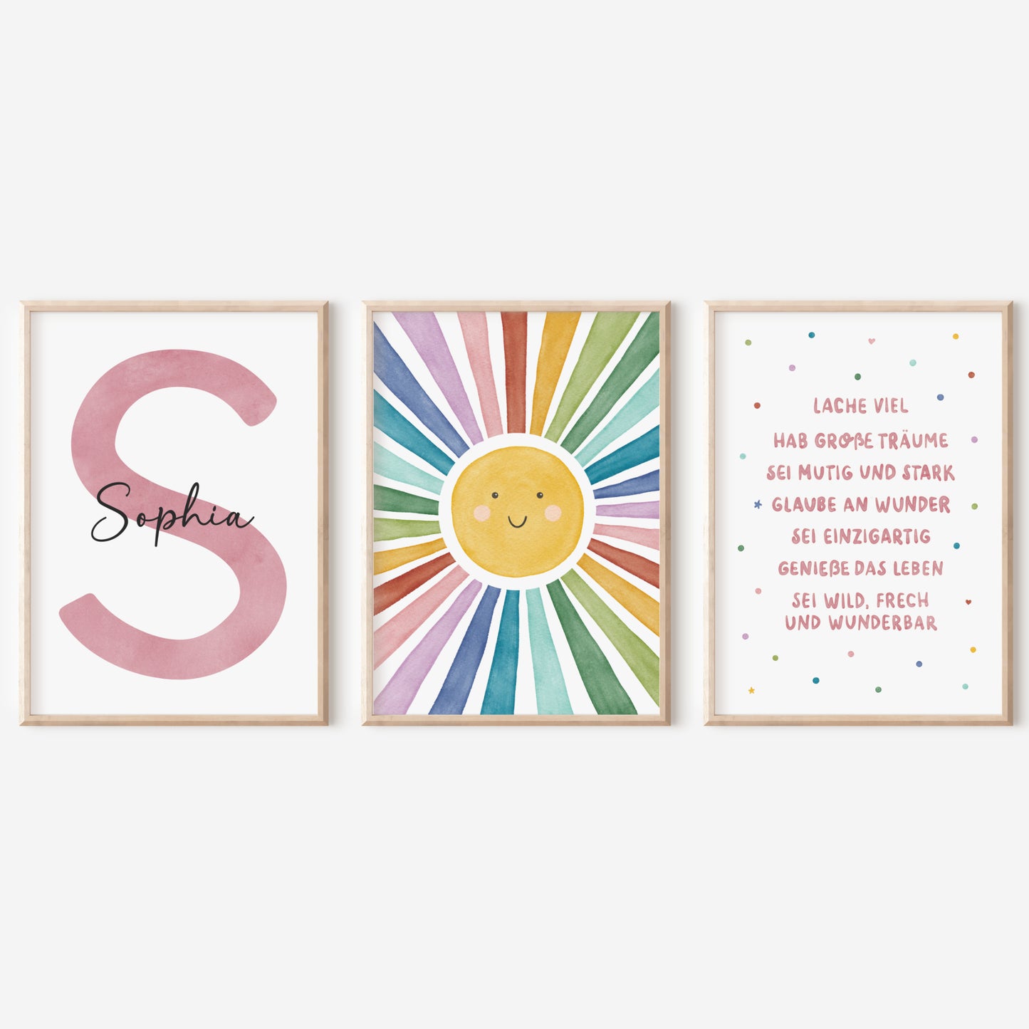 3er Set Poster Sonne Sonnenstrahlen Name personalisiert Kinderzimmer Mädchen Rosa
