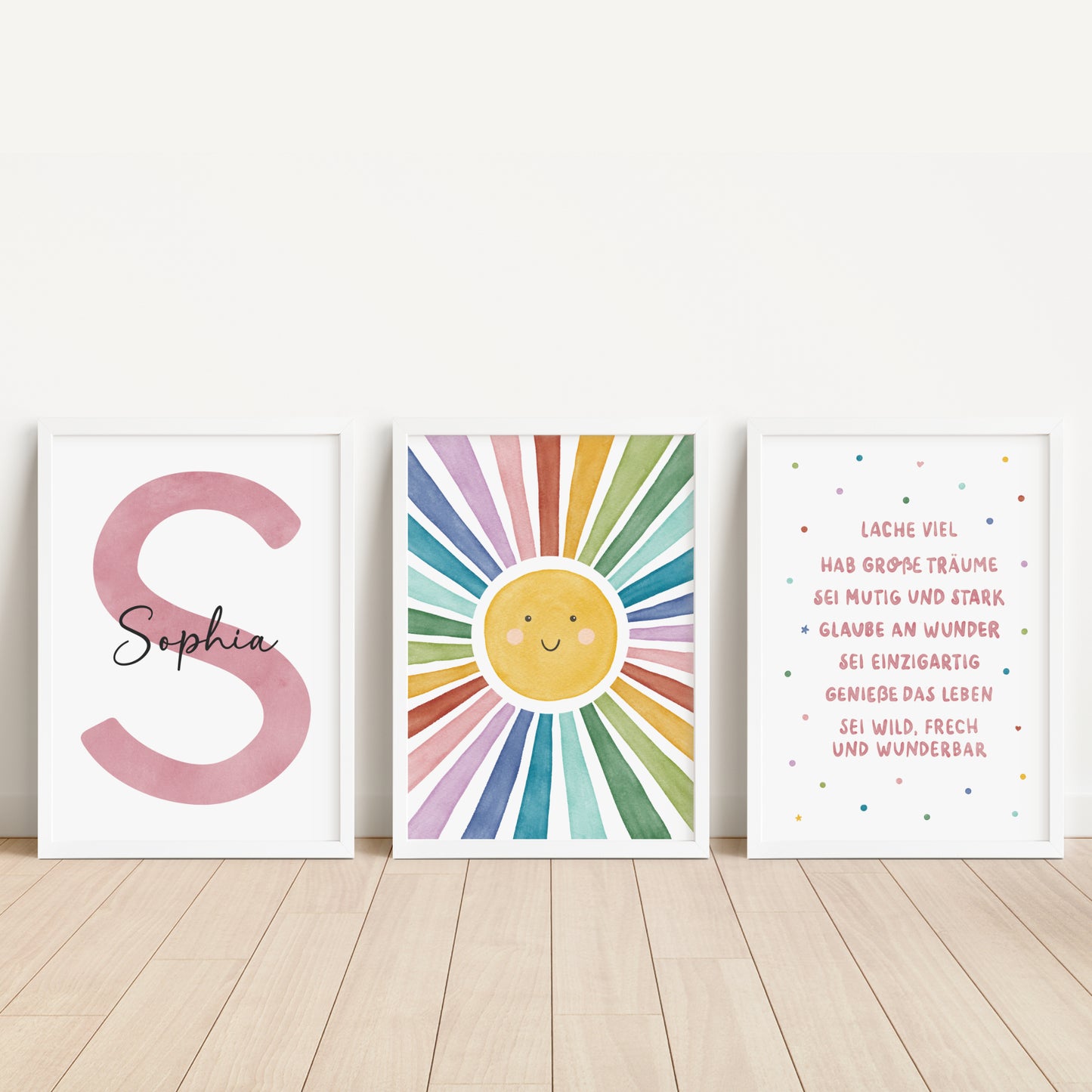 3er Set Poster Sonne Sonnenstrahlen Name personalisiert Kinderzimmer Mädchen Rosa