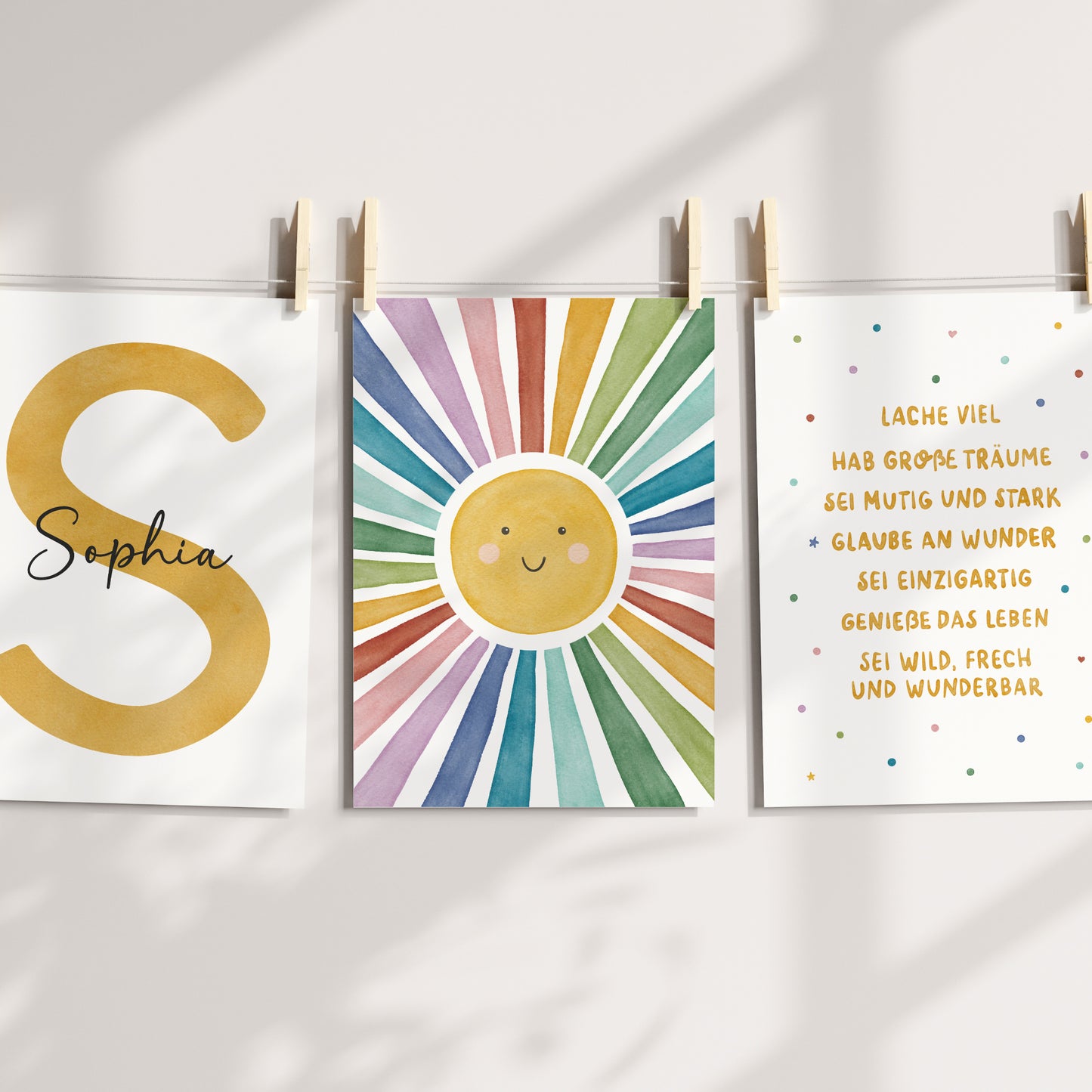 3er Set Poster Sonne Sonnenstrahlen Name personalisiert Kinderzimmer Mädchen Jungen