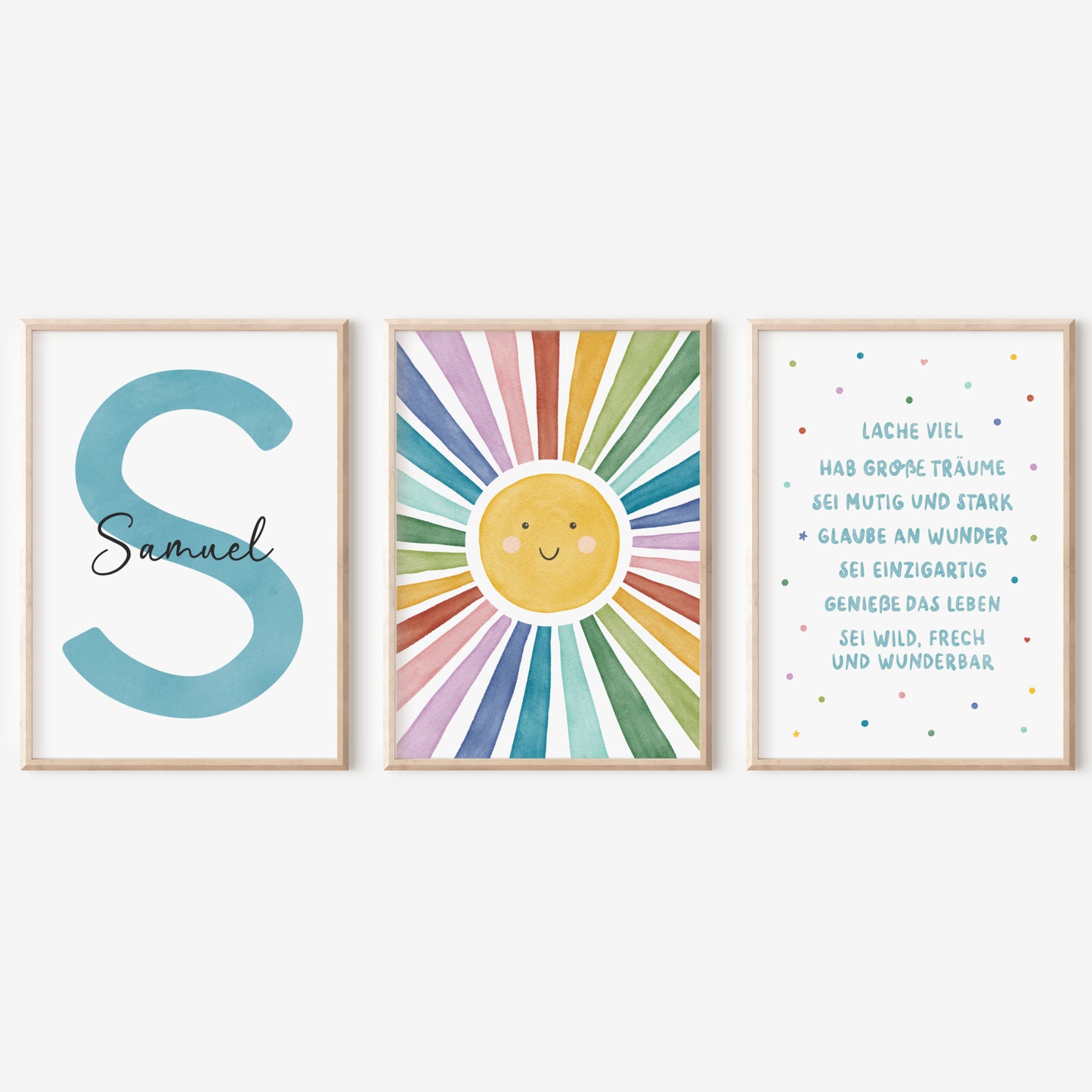 3er Set Poster Sonne Sonnenstrahlen Name personalisiert Kinderzimmer Jungen Türkis