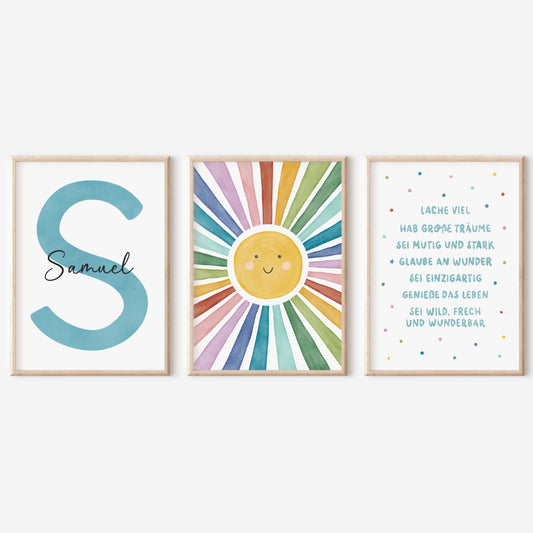 3er Set Poster Sonne Sonnenstrahlen Name personalisiert Kinderzimmer Jungen Türkis