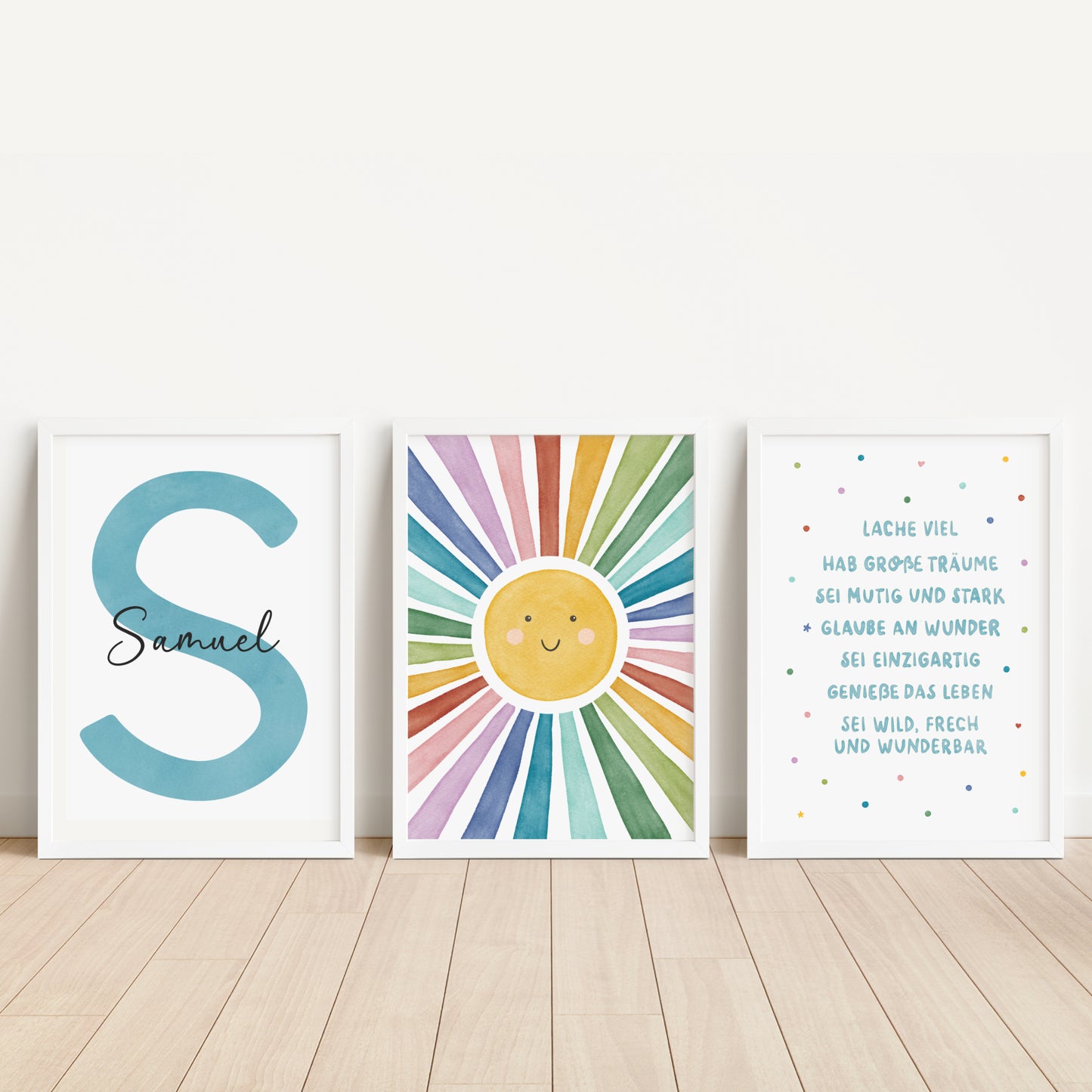 3er Set Poster Sonne Sonnenstrahlen Name personalisiert Kinderzimmer Jungen Türkis