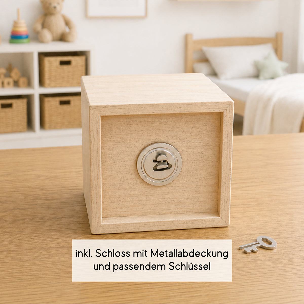 Spardose aus Holz für Taufkinder personalisiert mit Namen als Geschenk zur Taufe mit Arche Noah Bild