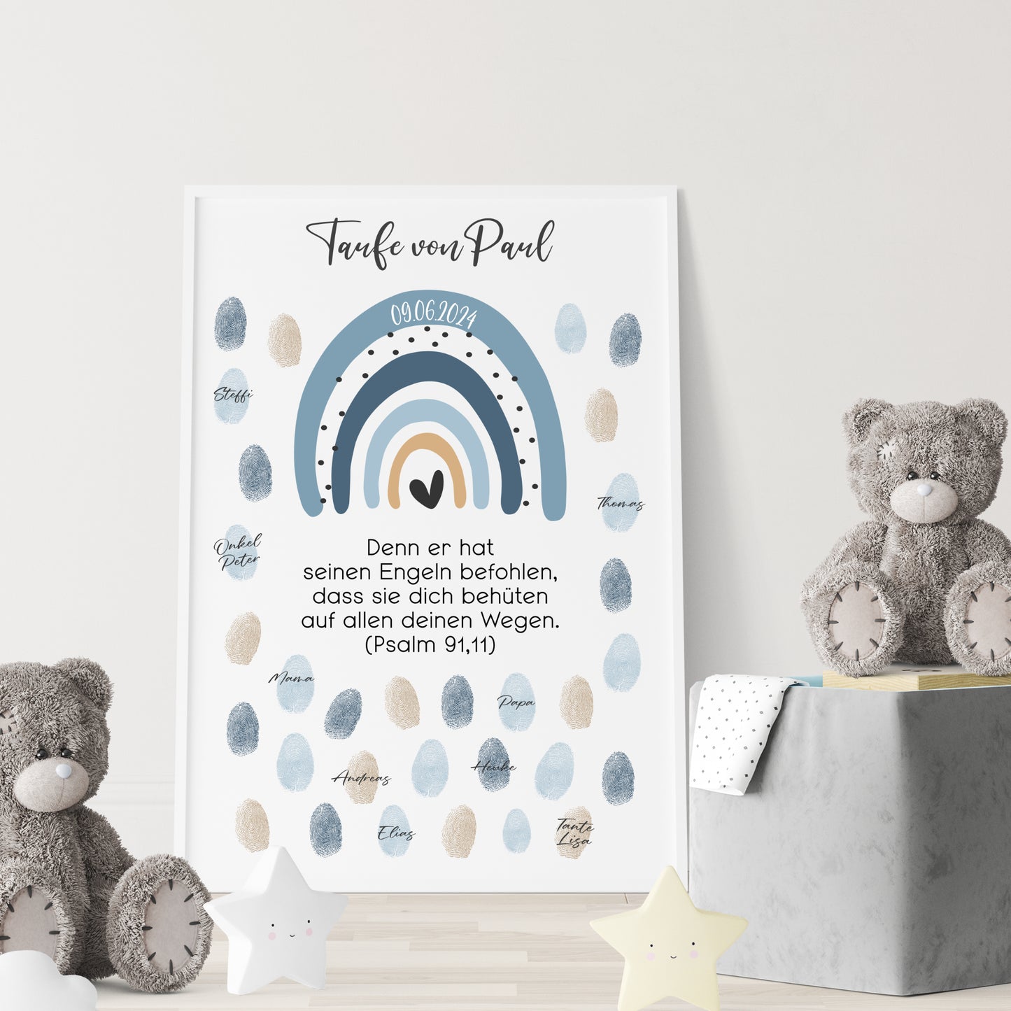 Taufe Gästeposter Fingerabdrücke Patenkind Regenbogen Gästebuch personalisiert Taufgeschenk Taufgästebuch Fingerprint Gästebild blau